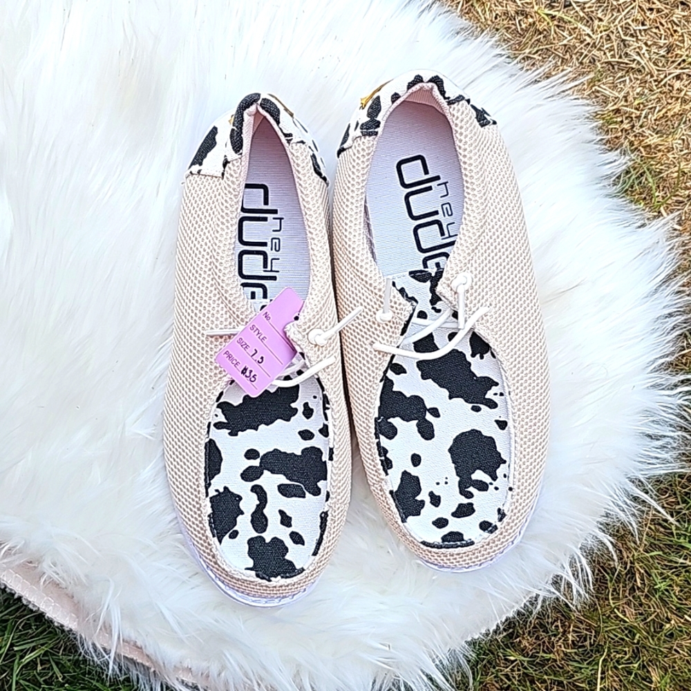 Cow print Hey Dude Shoes